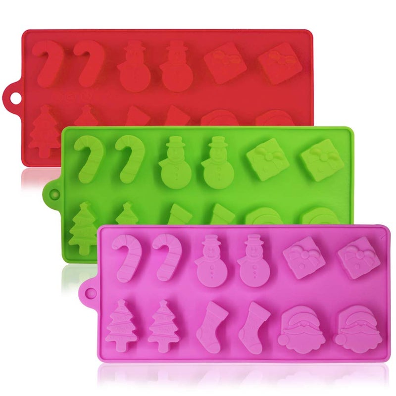 YuCool 3 Pack Christmas Silicone Chocolate and Candy Molds, Small Christmas Silicone Baking Molds - Red,Green,Pink - Image 1